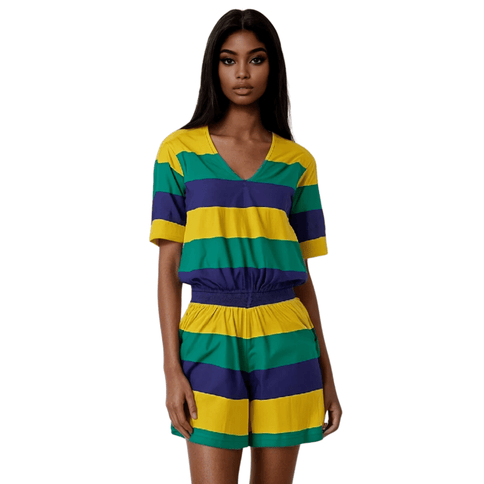 Mardi Gras Striped V - Neck Romper - Mardi Gras Apparel - Adult, Dress, Ladies - Romper