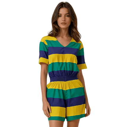 Mardi Gras Striped V-Neck Romper Adult LG Mardi Gras Striped V-Neck Romper Adult LG