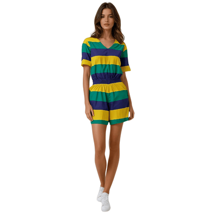 Mardi Gras Striped V - Neck Romper - Mardi Gras Apparel - Adult, Dress, Ladies - Romper