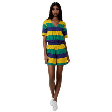 Mardi Gras Striped V - Neck Romper - Mardi Gras Apparel - Adult, Dress, Ladies - Romper