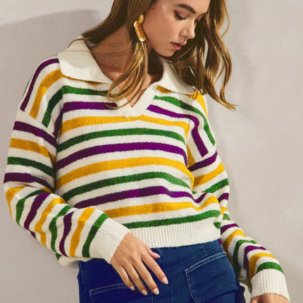 Mardi Gras Stripes Dolman Long Sleeves Sweater - Mardi Gras Apparel - Adult, Green, Ladies - Sweaters