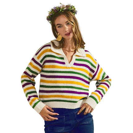 Mardi Gras Stripes Dolman Long Sleeves Sweater - Mardi Gras Apparel - Adult, Green, Ladies - Sweaters