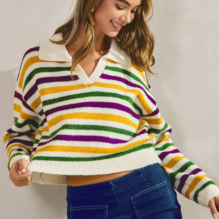 Mardi Gras Stripes Dolman Long Sleeves Sweater - Mardi Gras Apparel - Adult, Green, Ladies - Sweaters