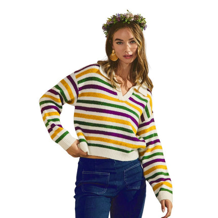 Mardi Gras Stripes Dolman Long Sleeves Sweater - Mardi Gras Apparel - Adult, Green, Ladies - Sweaters