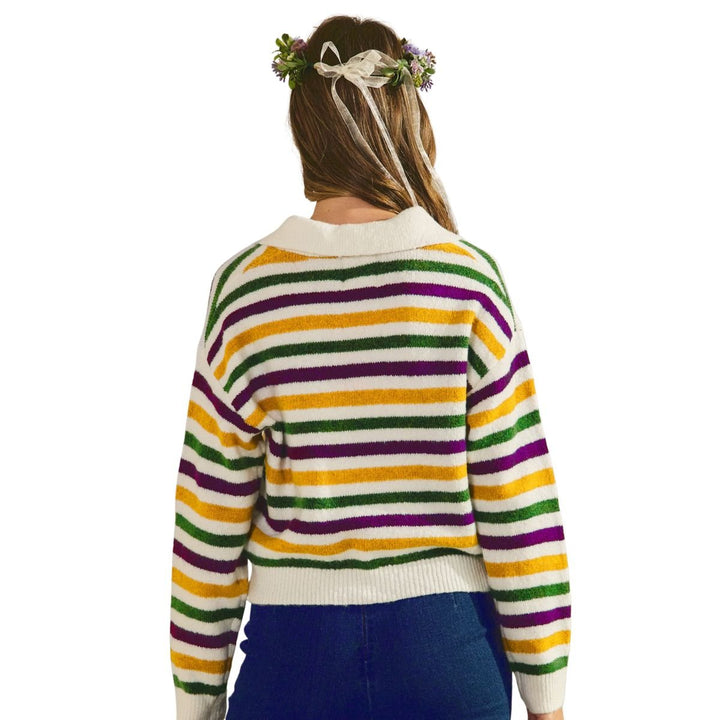 Ribbed Hem Mardi Gras Stripe Sweater