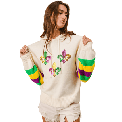 Mardi Gras Stripes Sleeve Sequin Sweater Hoodie - Mardi Gras Apparel - Adult, Front Design, Hoodie - Sequin