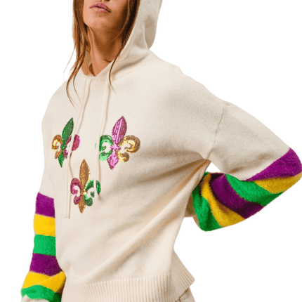 Mardi Gras Stripes Sleeve Sequin Sweater Hoodie - Mardi Gras Apparel - Adult, Front Design, Hoodie - Sequin