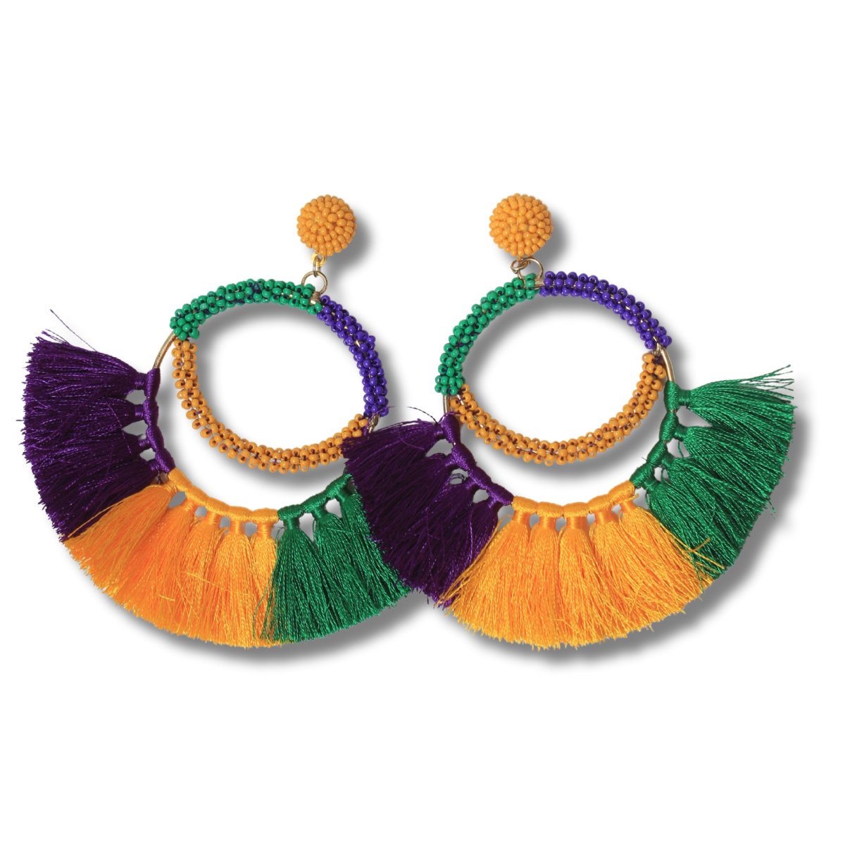 Mardi Gras Tassel Hoop Earrings with Beaded Detail - Mardi Gras Apparel - Accessories, Earrings, Mardi Gras - Mardi Gras Earrings