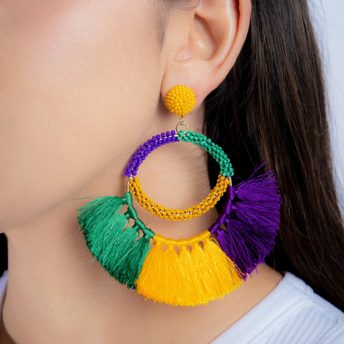 Mardi Gras Tassel Hoop Earrings with Beaded Detail - Mardi Gras Apparel - Accessories, Earrings, Mardi Gras - Mardi Gras Earrings