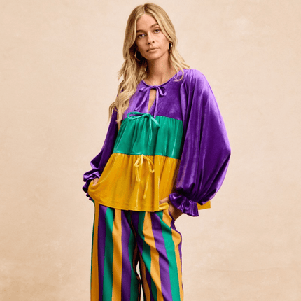 Mardi Gras Theme Color Block Bow Tied Detail Top - Mardi Gras Apparel - Adult, Bibi, Bibi Top Chart - Tops