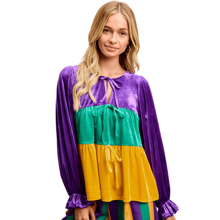 Mardi Gras Theme Color Block Bow Tied Detail Top - Mardi Gras Apparel - Adult, Bibi, Bibi Top Chart - Tops