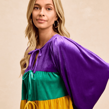 Mardi Gras Theme Color Block Bow Tied Detail Top - Mardi Gras Apparel - Adult, Bibi, Bibi Top Chart - Tops