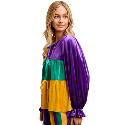 Mardi Gras Theme Color Block Bow Tied Detail Top - Mardi Gras Apparel - Adult, Bibi, Bibi Top Chart - Tops