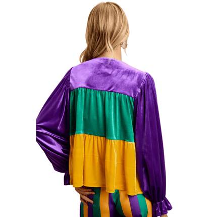 Mardi Gras Theme Color Block Bow Tied Detail Top - Mardi Gras Apparel - Adult, Bibi, Bibi Top Chart - Tops