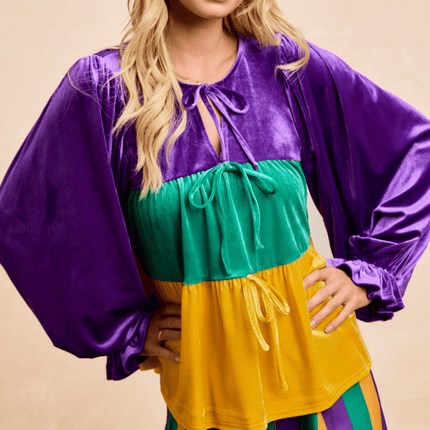 Mardi Gras Theme Color Block Bow Tied Detail Top - Mardi Gras Apparel - Adult, Bibi, Bibi Top Chart - Tops