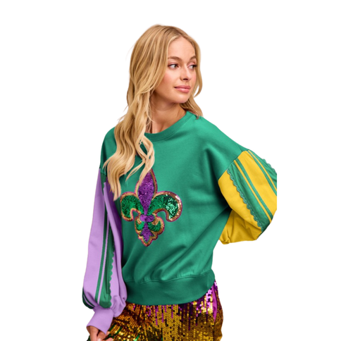 Mardi Gras Theme French Terry Color Block Lace Top - Mardi Gras Apparel - Adult, Bibi, Bibi Top Chart - Sweaters