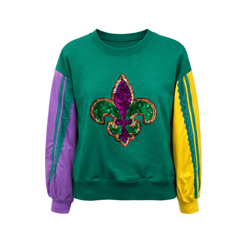 Mardi Gras Theme French Terry Color Block Lace Top - Mardi Gras Apparel - Adult, Bibi, Bibi Top Chart - Sweaters