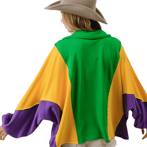 Mardi Gras Theme Raw Edge V Neck Collared Top - Mardi Gras Apparel - Adult, Bibi, Bibi Top Chart - Sweaters