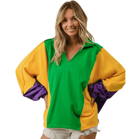 Mardi Gras Theme Raw Edge V Neck Collared Top - Mardi Gras Apparel - Adult, Bibi, Bibi Top Chart - Sweaters