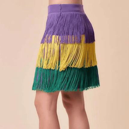 Mardi Gras Tri-Color Fringe Color Block Mini Skirt - Mardi Gras Apparel - Adult, Gold, Green - Skirt