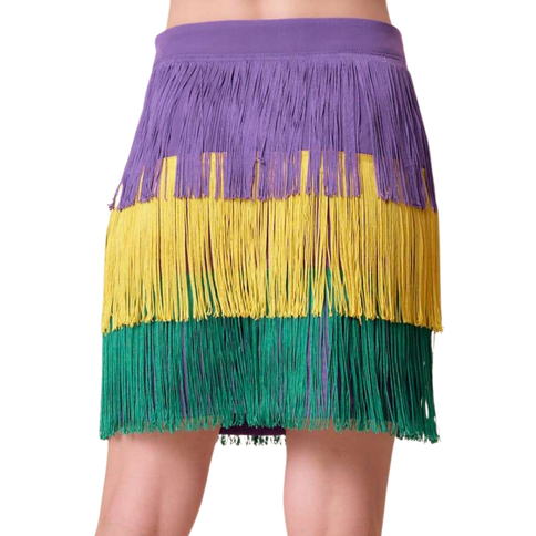 Mardi Gras Tri-Color Fringe Color Block Mini Skirt - Mardi Gras Apparel - Adult, Gold, Green - Skirt