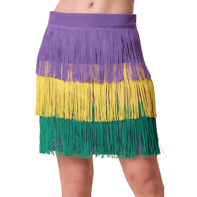 Mardi Gras Tri-Color Fringe Color Block Mini Skirt - Mardi Gras Apparel - Adult, Gold, Green - Skirt