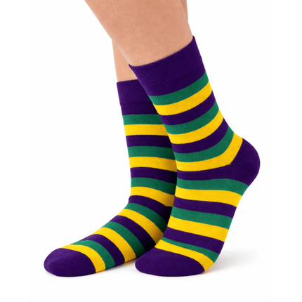 Mardi Gras Tri - Color Striped Crew Socks 9 - 11 - Mardi Gras Apparel - Accessories, Adult, Children's Unisex - Socks