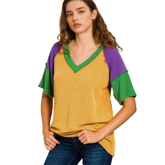 Mardi Gras Tri-Color V-Neck Color Block Top Gold - Mardi Gras Apparel - Adult, girls, Ladies - Tops