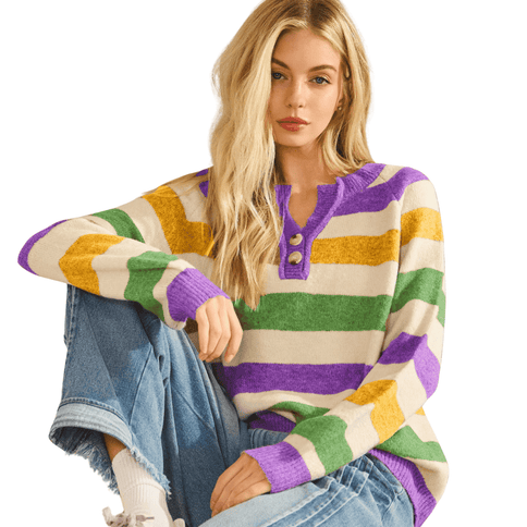 Mardi Gras Two Tone Striped Soft Puff Sweater - Mardi Gras Apparel - Adult, Bibi, Bibi Top Chart - Sweaters