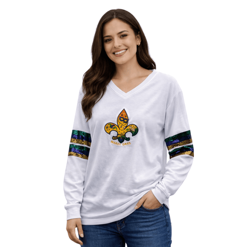 Mardi Gras V - Neck Sweatshirt with Sequin Stripe Sleeves White - Mardi Gras Apparel - Adult, Block Letters, Front Design - Sweaters