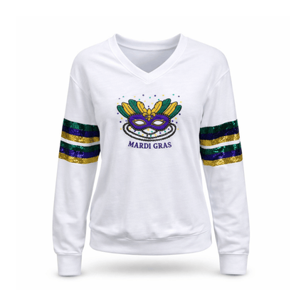 Mardi Gras V - Neck Sweatshirt with Sequin Stripe Sleeves White - Mardi Gras Apparel - Adult, Block Letters, Front Design - Sweaters