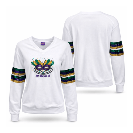 Mardi Gras V - Neck Sweatshirt with Sequin Stripe Sleeves White - Mardi Gras Apparel - Adult, Block Letters, Front Design - Sweaters