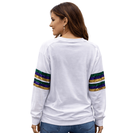Mardi Gras V - Neck Sweatshirt with Sequin Stripe Sleeves White - Mardi Gras Apparel - Adult, Block Letters, Front Design - Sweaters