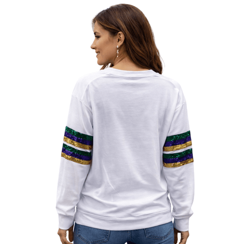 Mardi Gras V - Neck Sweatshirt with Sequin Stripe Sleeves White - Mardi Gras Apparel - Adult, Block Letters, Front Design - Sweaters
