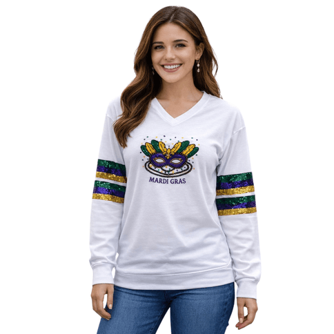 Mardi Gras V - Neck Sweatshirt with Sequin Stripe Sleeves White - Mardi Gras Apparel - Adult, Block Letters, Front Design - Sweaters