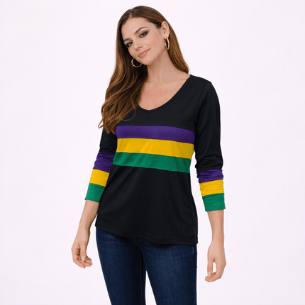 Mardi Gras V - Neck Sweatshirt with Stripe Sleeves Black - Mardi Gras Apparel - Adult, apparel discount tier, Block Letters - Sweaters