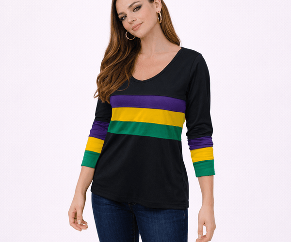 Mardi Gras V-Neck Sweatshirt Black Purple Green Gold Stripe Top