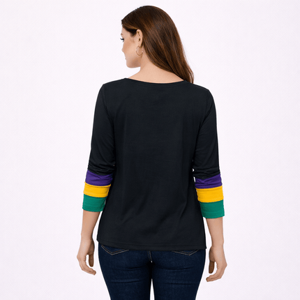 Mardi Gras V - Neck Sweatshirt with Stripe Sleeves Black - Mardi Gras Apparel - Adult, apparel discount tier, Block Letters - Sweaters