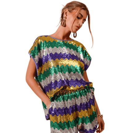 Mardi Gras Wavy Sequins Dolman Top - Mardi Gras Apparel - Adult, Bibi Top Chart, Gold - Sequin