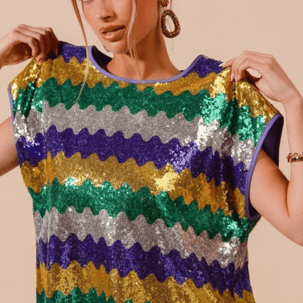 Mardi Gras Wavy Sequins Dolman Top - Mardi Gras Apparel - Adult, Bibi Top Chart, Gold - Sequin