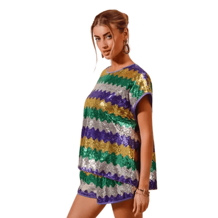 Mardi Gras Wavy Sequins Dolman Top - Mardi Gras Apparel - Adult, Bibi Top Chart, Gold - Sequin