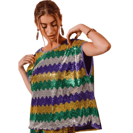 Mardi Gras Wavy Sequins Dolman Top - Mardi Gras Apparel - Adult, Bibi Top Chart, Gold - Sequin