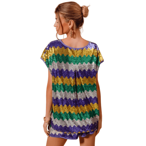 Mardi Gras Wavy Sequins Dolman Top - Mardi Gras Apparel - Adult, Bibi Top Chart, Gold - Sequin