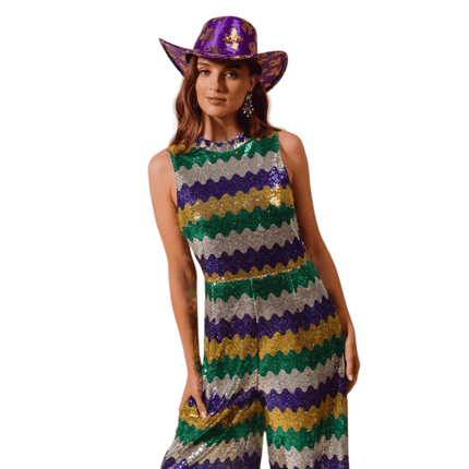 Mardi Gras Wavy Sequins Sleeveless Jumpsuit - Mardi Gras Apparel - Adult, Bibi Top Chart, Gold - Sequin