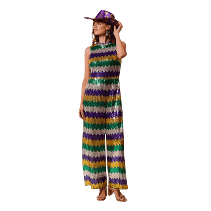 Mardi Gras Wavy Sequins Sleeveless Jumpsuit - Mardi Gras Apparel - Adult, Bibi Top Chart, Gold - Sequin