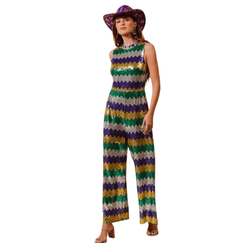 Mardi Gras Wavy Sequins Sleeveless Jumpsuit - Mardi Gras Apparel - Adult, Bibi Top Chart, Gold - Sequin