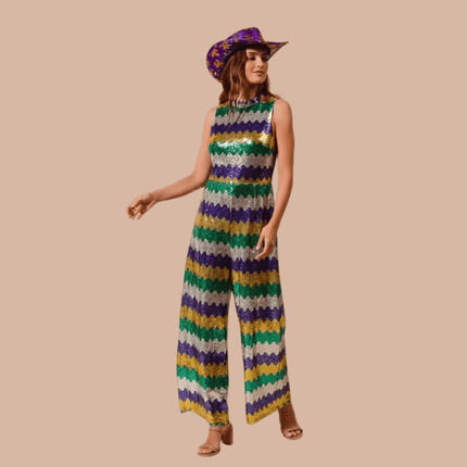 Mardi Gras Wavy Sequins Sleeveless Jumpsuit - Mardi Gras Apparel - Adult, Bibi Top Chart, Gold - Sequin