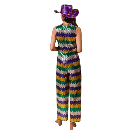 Mardi Gras Wavy Sequins Sleeveless Jumpsuit - Mardi Gras Apparel - Adult, Bibi Top Chart, Gold - Sequin