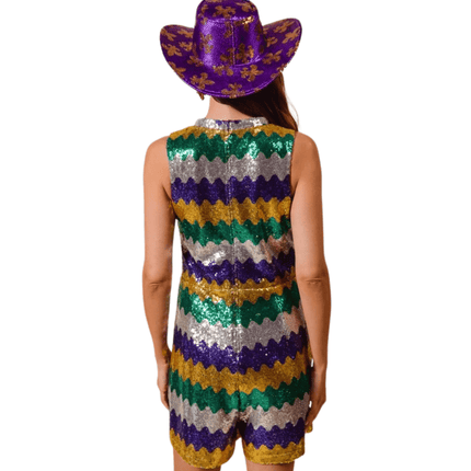 Mardi Gras Wavy Sequins Sleeveless Romper - Mardi Gras Apparel - Adult, Bibi, Bibi Top Chart - Sequin