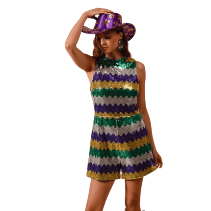 Mardi Gras Wavy Sequins Sleeveless Romper - Mardi Gras Apparel - Adult, Bibi, Bibi Top Chart - Sequin